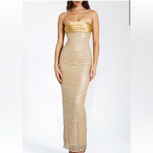 Gold strapless maxi dress embellished with pearls
